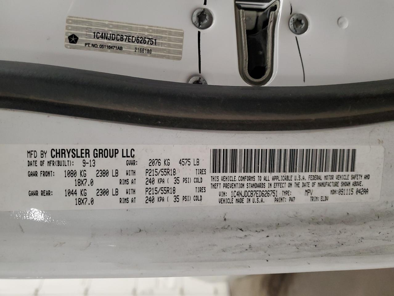 2014 Jeep Compass Limited VIN: 1C4NJDCB7ED626751 Lot: 93195705