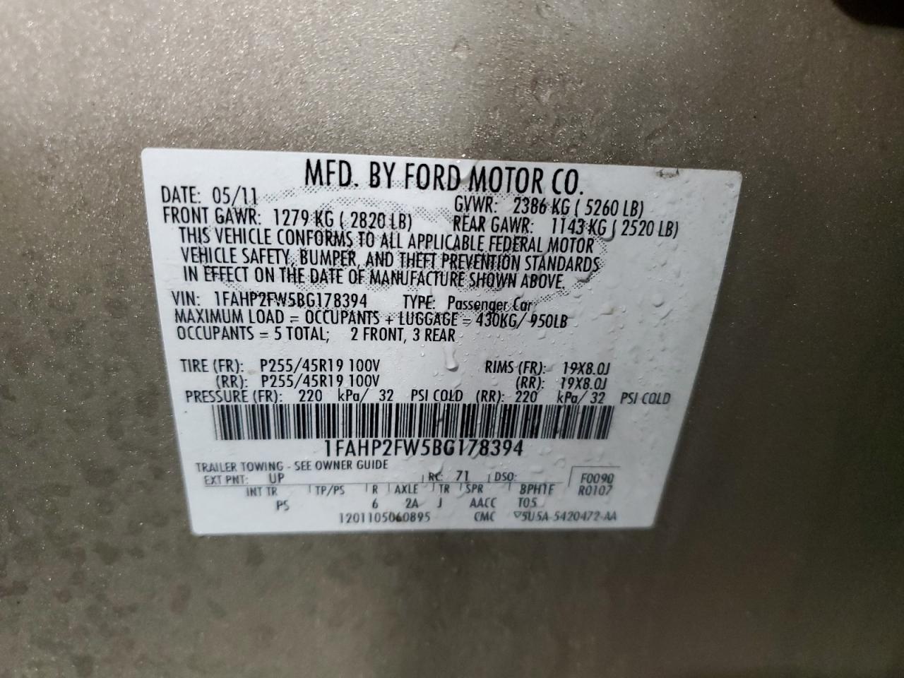 2011 Ford Taurus Limited VIN: 1FAHP2FW5BG178394 Lot: 93424655