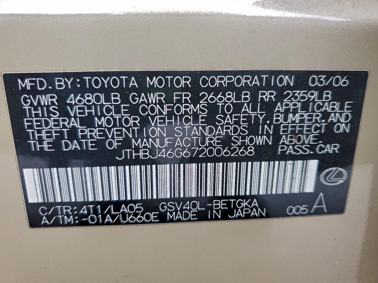 2007 Lexus Es 350 VIN: JTHBJ46G672006268 Lot: 94071335