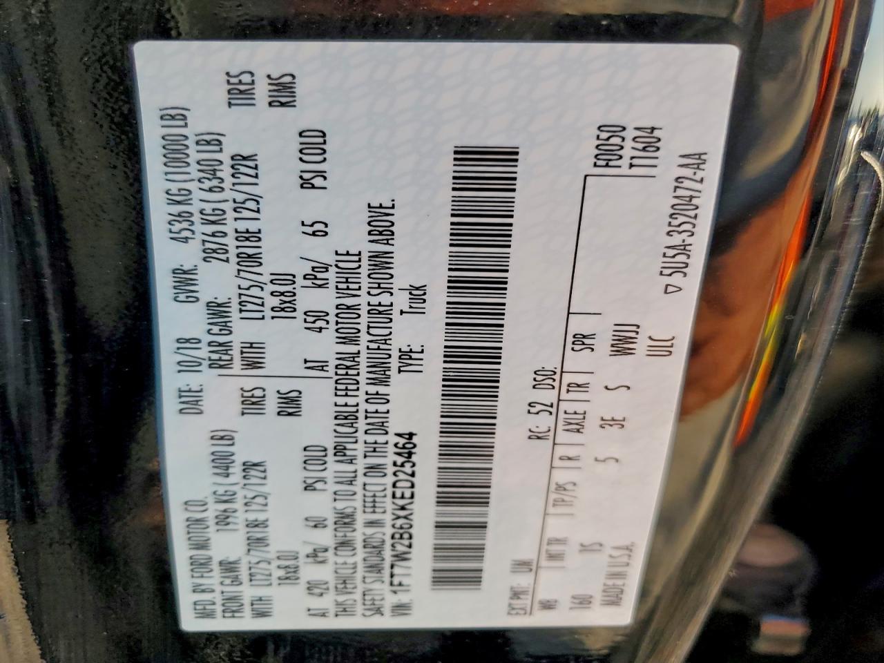 2019 Ford F250 Super Duty VIN: 1FT7W2B6XKED25464 Lot: 93966025