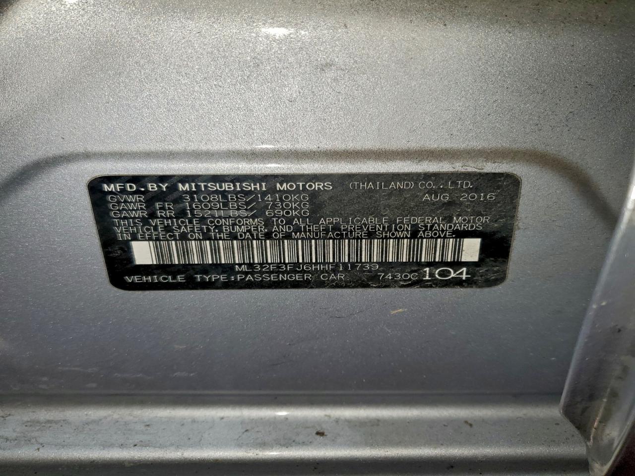 2017 Mitsubishi Mirage G4 Es VIN: ML32F3FJ6HHF11739 Lot: 94059265