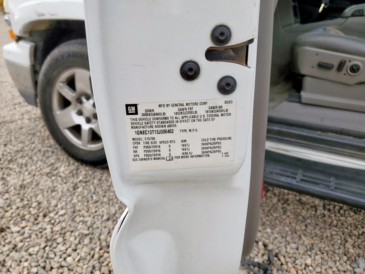 2003 Chevrolet Tahoe C1500 VIN: 1GNEC13T13J306462 Lot: 93769175