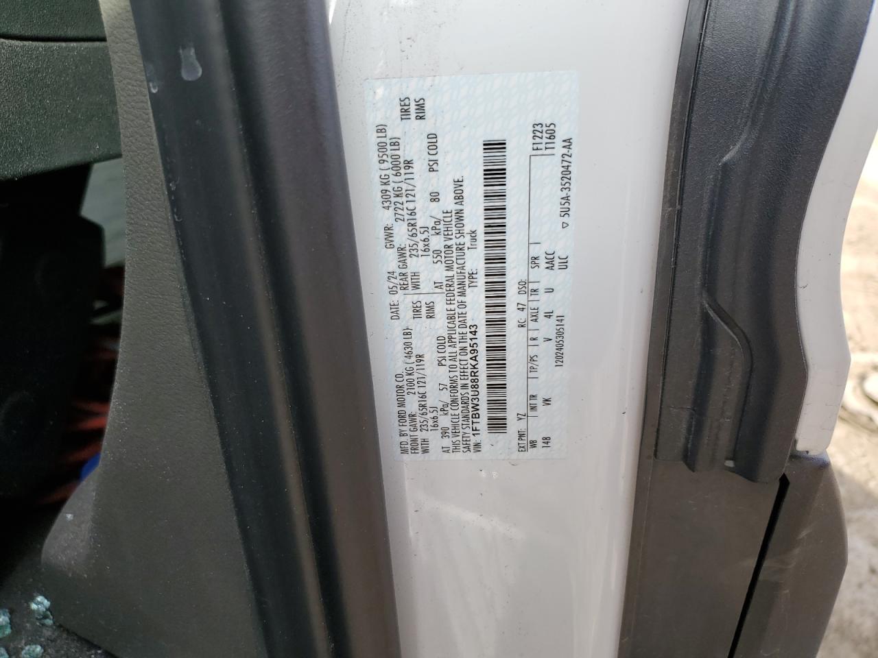 2024 Ford Transit 350 Delivery Van VIN: 1FTBW3U88RKA95143 Lot: 91898365