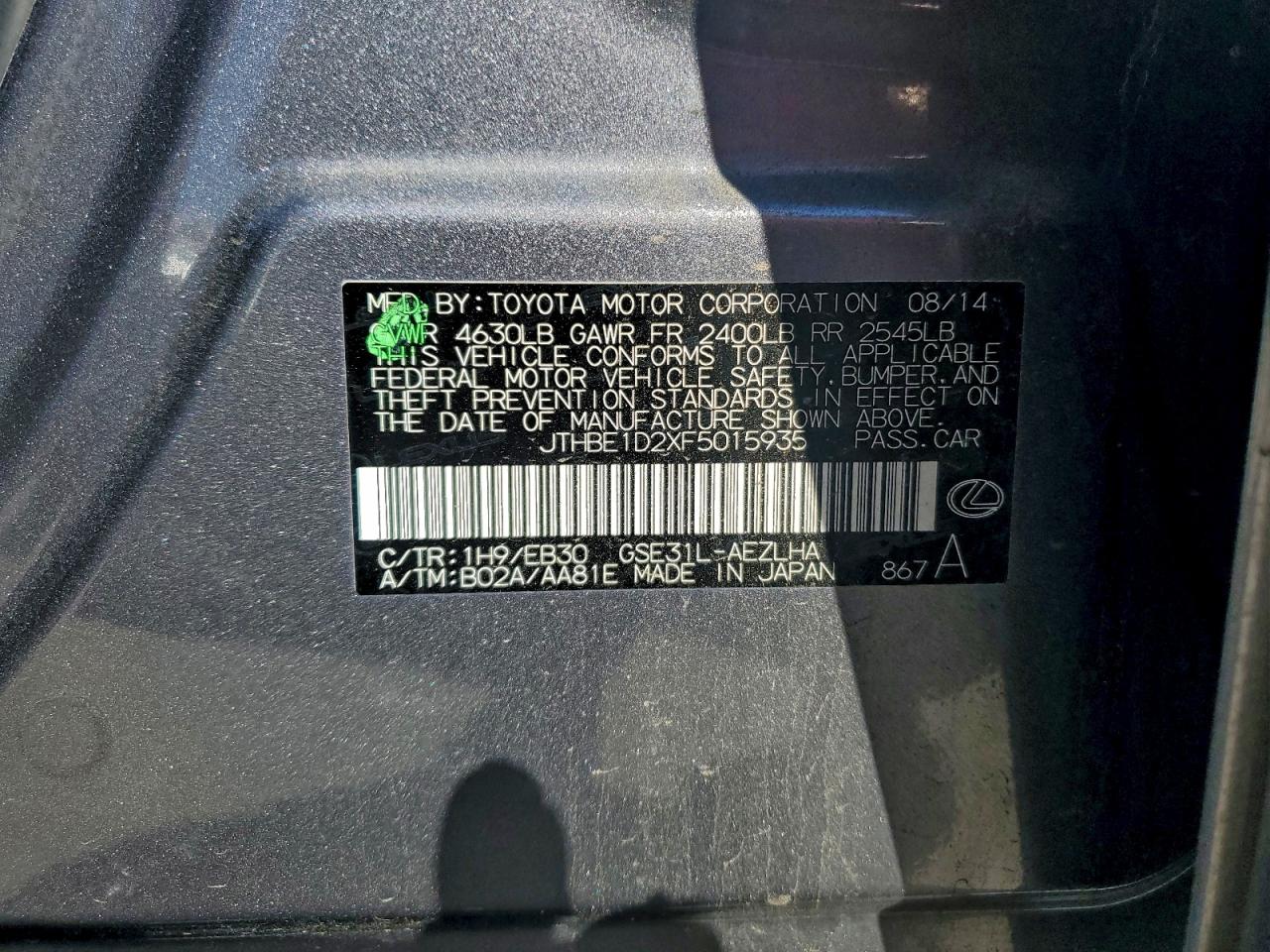 2015 Lexus Is 350 VIN: JTHBE1D2XF5015935 Lot: 92048255