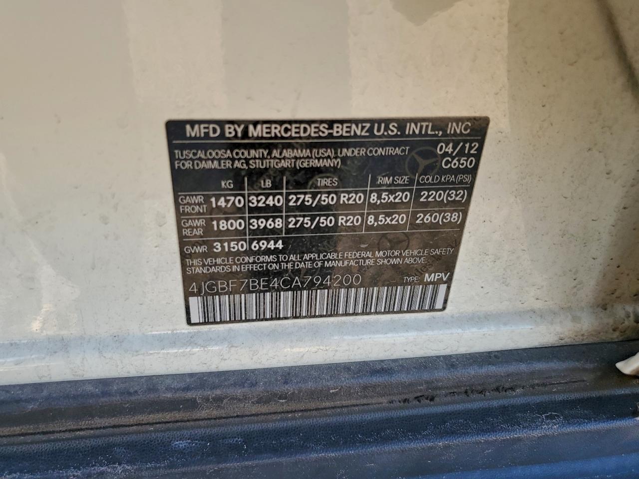 2012 Mercedes-Benz Gl 450 4Matic VIN: 4JGBF7BE4CA794200 Lot: 94880125