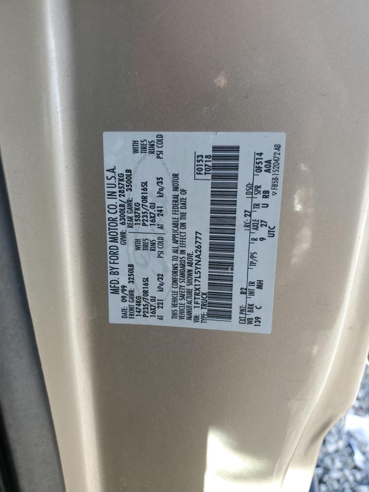 2000 Ford F150 VIN: 1FTRX17L5YNA26777 Lot: 91786975