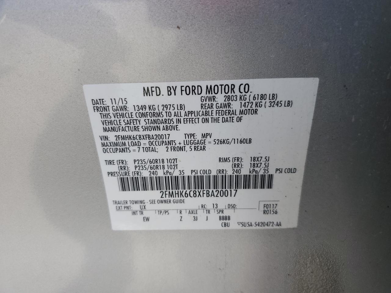 2015 Ford Flex Sel VIN: 2FMHK6C8XFBA20017 Lot: 92266425