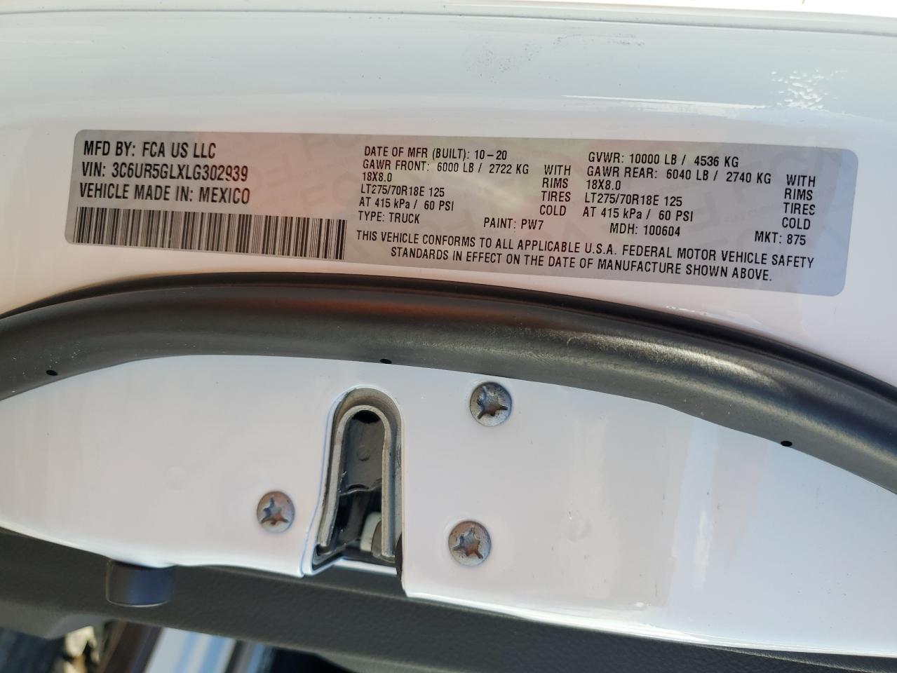 2020 Ram 2500 Longhorn VIN: 3C6UR5GLXLG302939 Lot: 92121795