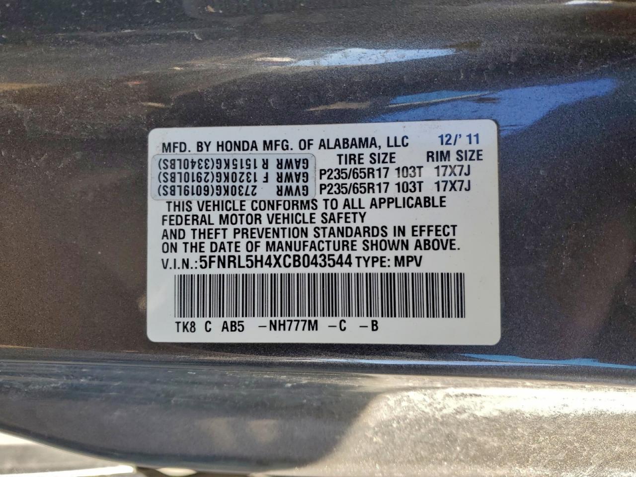 2012 Honda Odyssey Ex VIN: 5FNRL5H4XCB043544 Lot: 92750065