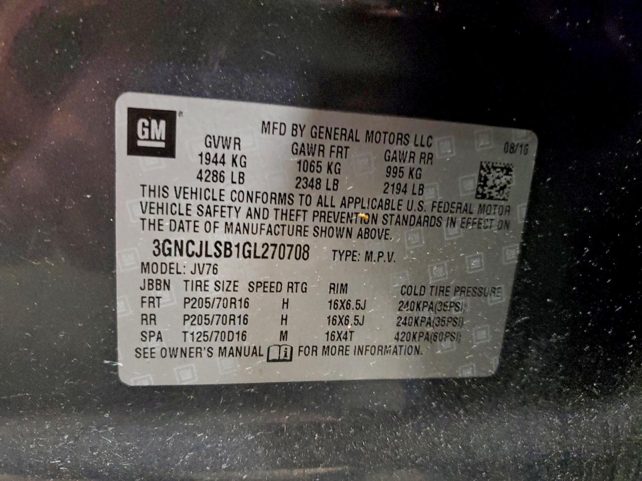 2016 Chevrolet Trax 1Lt VIN: 3GNCJLSB1GL270708 Lot: 94079155