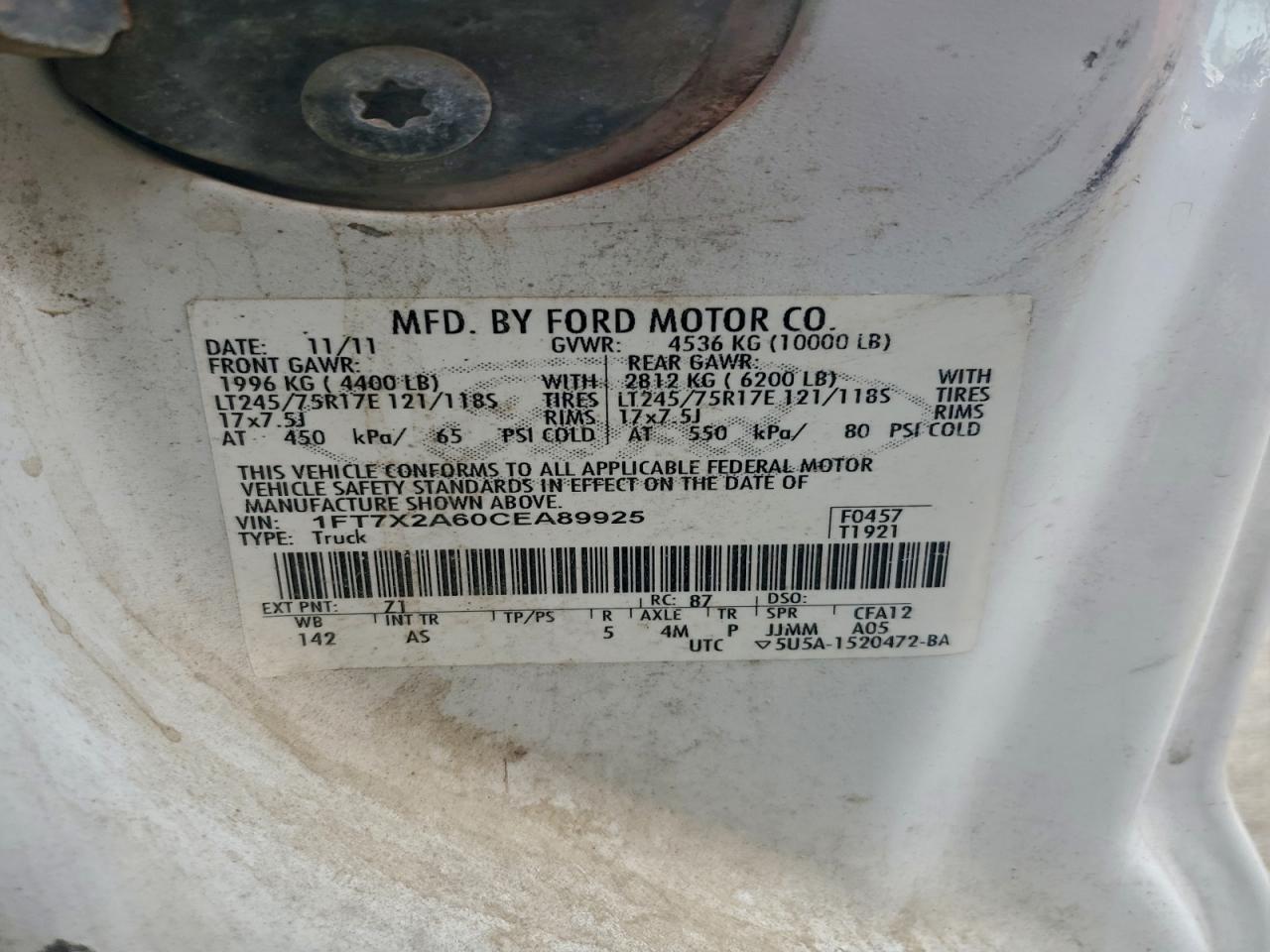 2012 Ford F250 Super Duty VIN: 1FT7X2A60CEA89925 Lot: 93815035