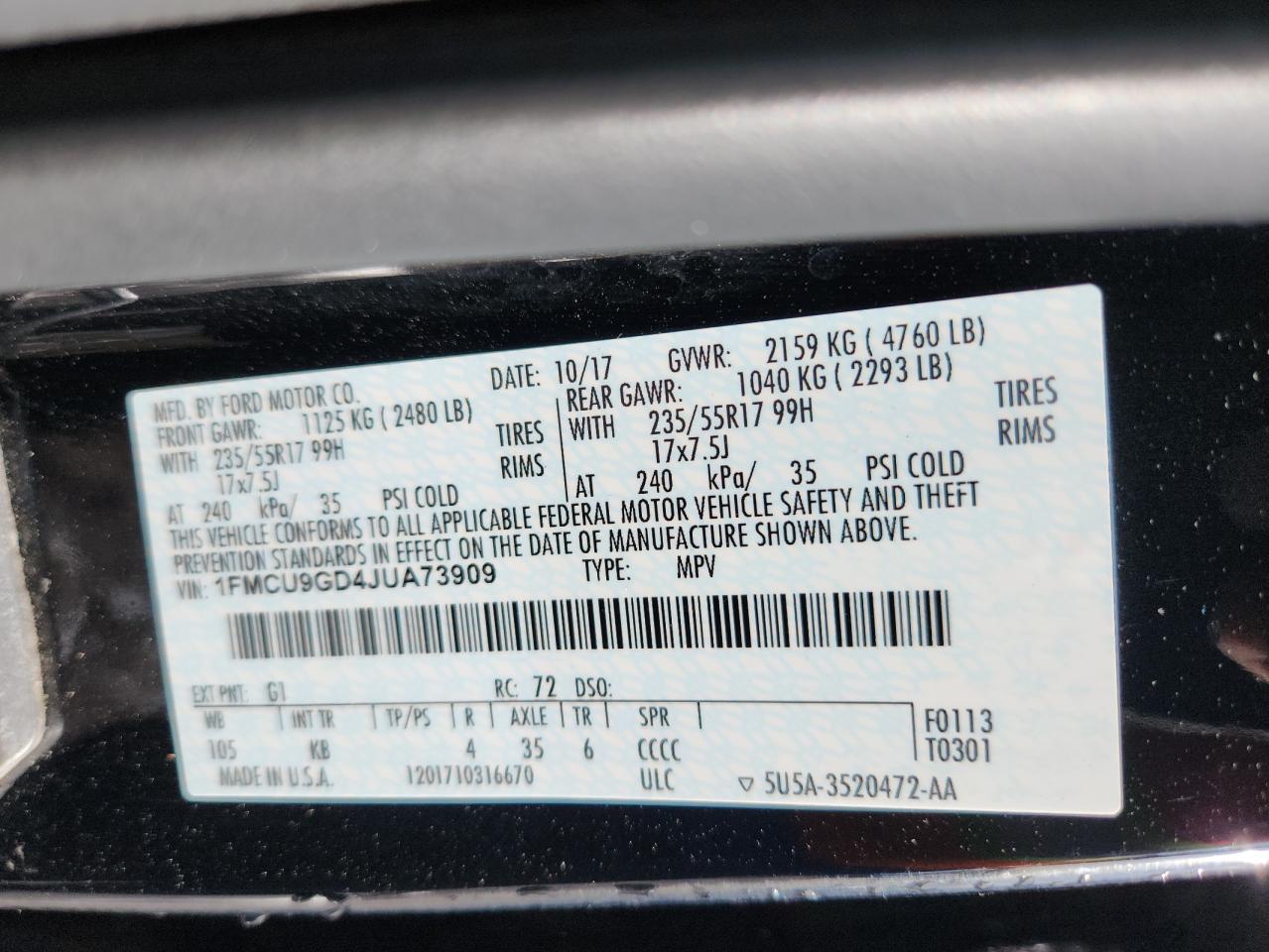 2018 Ford Escape Se VIN: 1FMCU9GD4JUA73909 Lot: 91092765