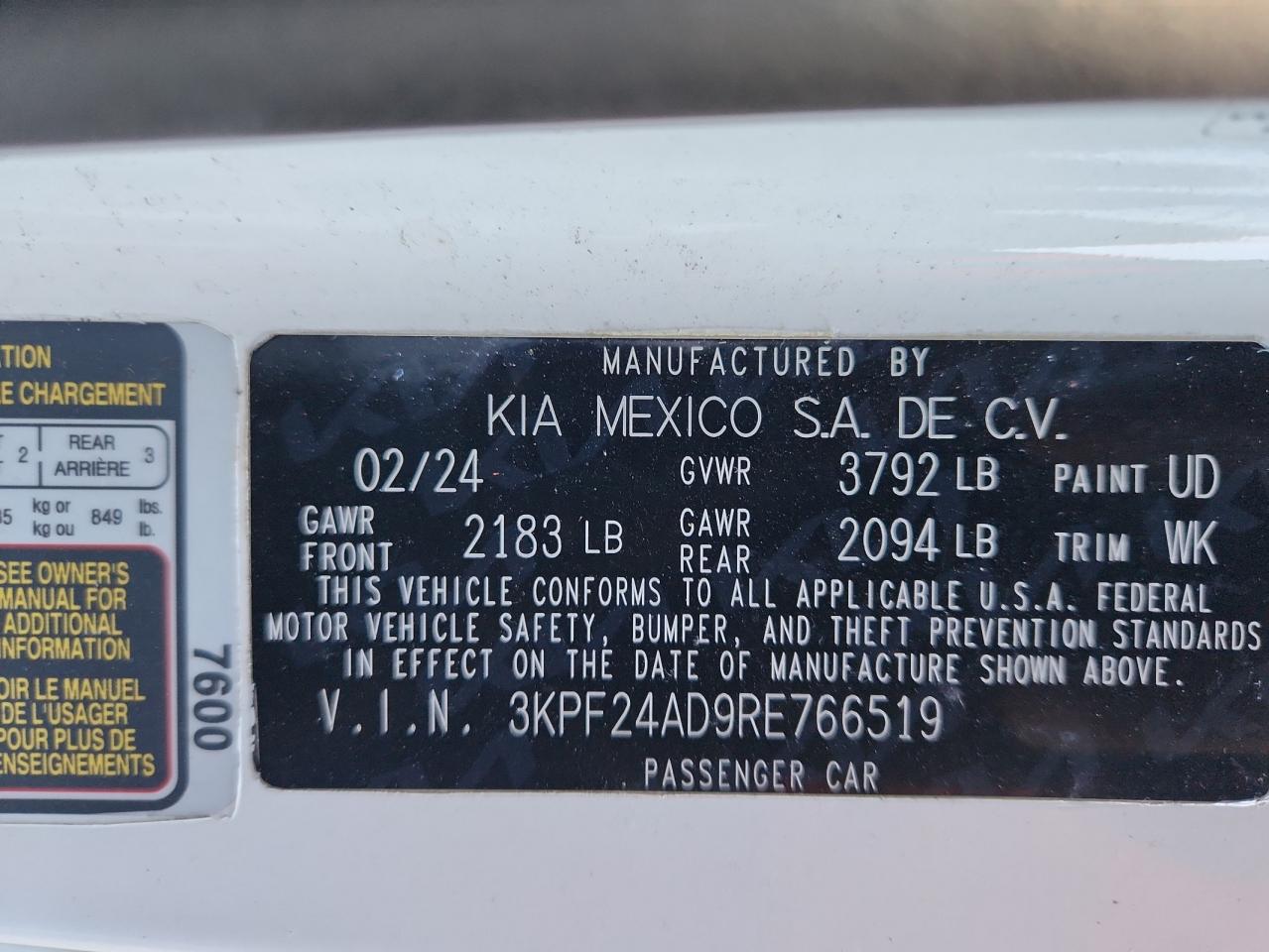 2024 Kia Forte Lx VIN: 3KPF24AD9RE766519 Lot: 90796525