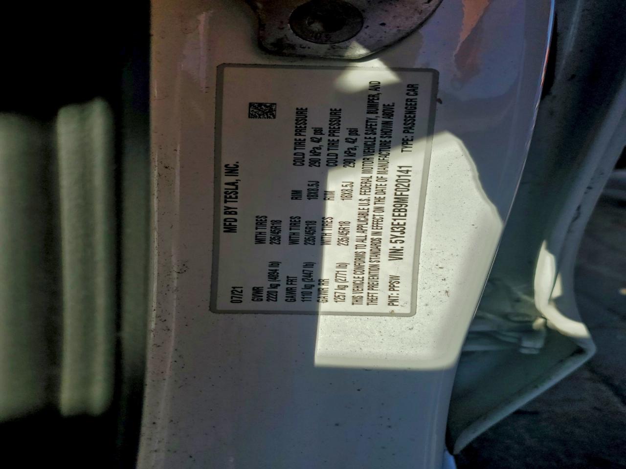 2021 Tesla Model 3 VIN: 5YJ3E1EB9MF020141 Lot: 93240415