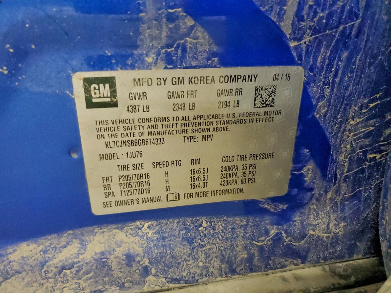 2016 Chevrolet Trax Ls VIN: KL7CJNSB6GB674333 Lot: 94672425