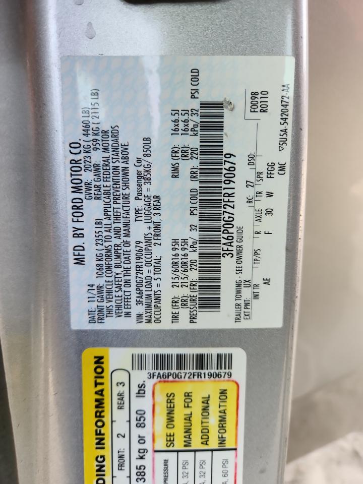 2015 Ford Fusion S VIN: 3FA6P0G72FR190679 Lot: 93269425