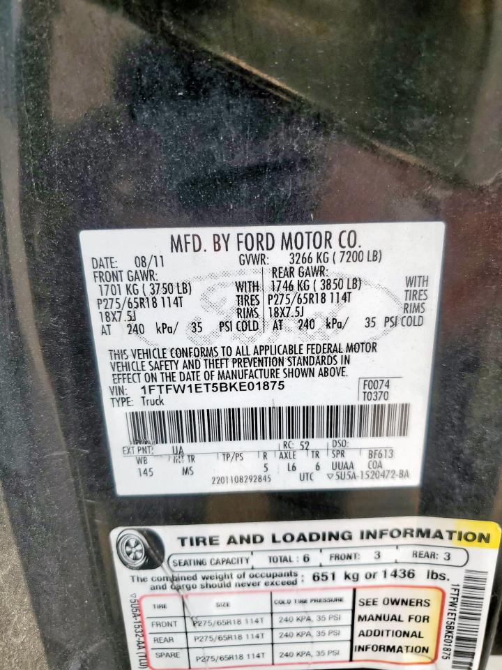 2011 Ford F150 Supercrew VIN: 1FTFW1ET5BKE01875 Lot: 93382945