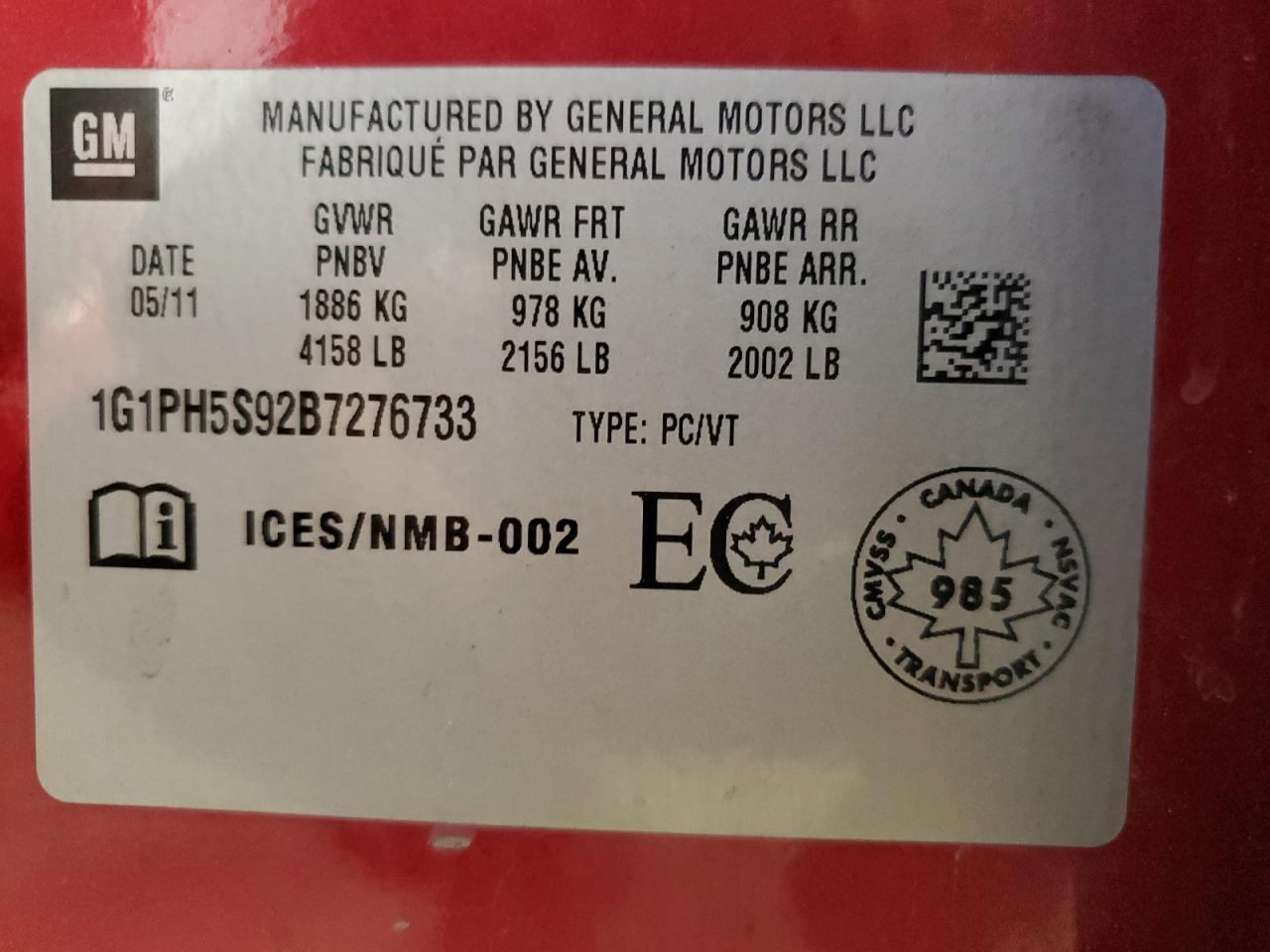 2011 Chevrolet Cruze Ltz VIN: 1G1PH5S92B7276733 Lot: 93339845