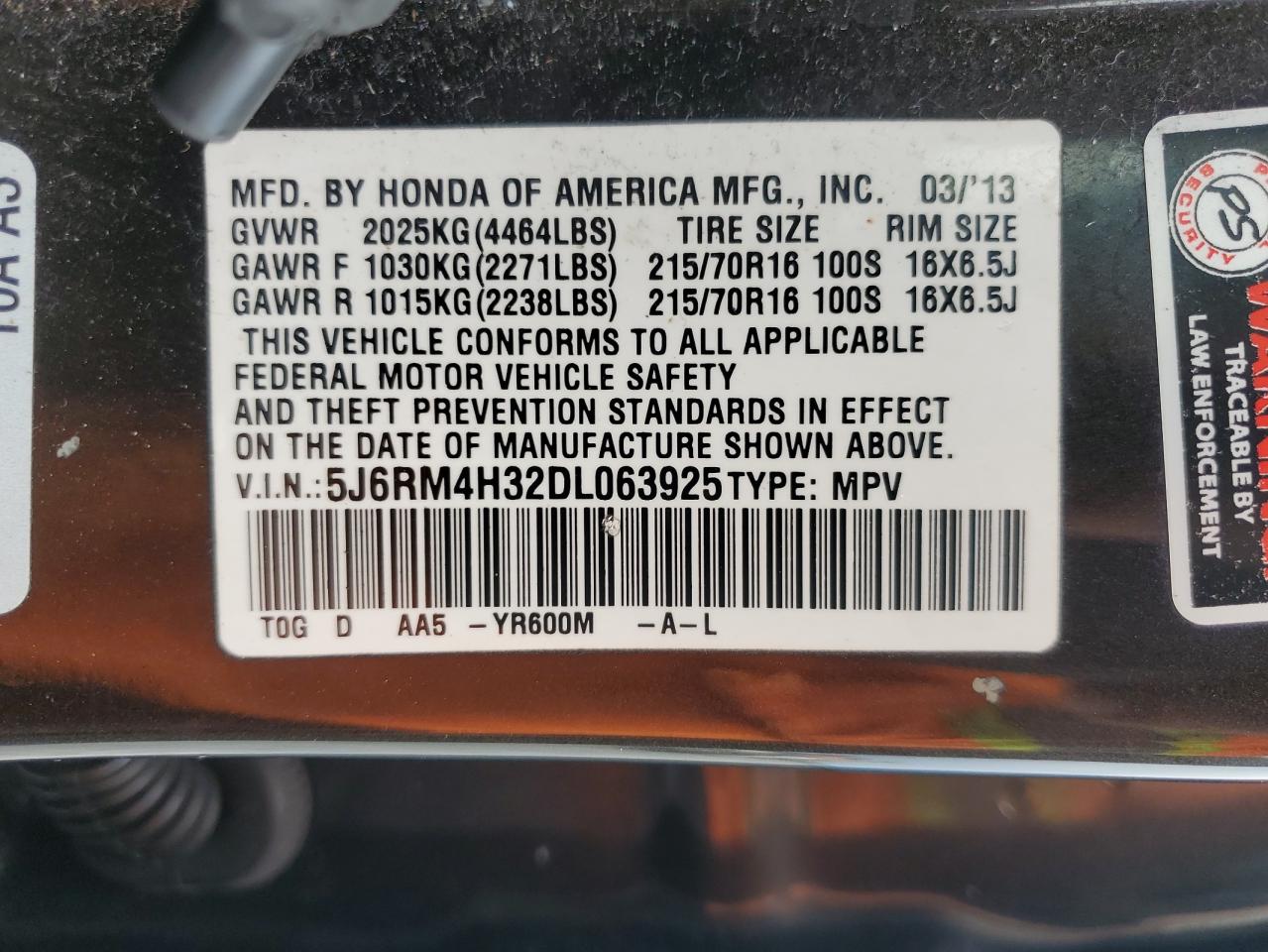 2013 Honda Cr-V Lx VIN: 5J6RM4H32DL063925 Lot: 91856285