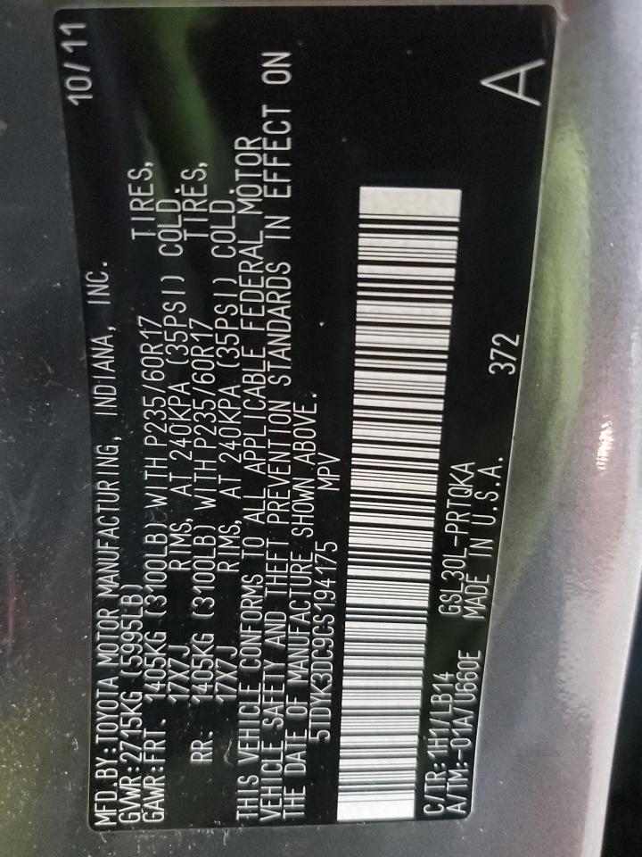 2012 Toyota Sienna Xle VIN: 5TDYK3DC9CS194175 Lot: 92169005