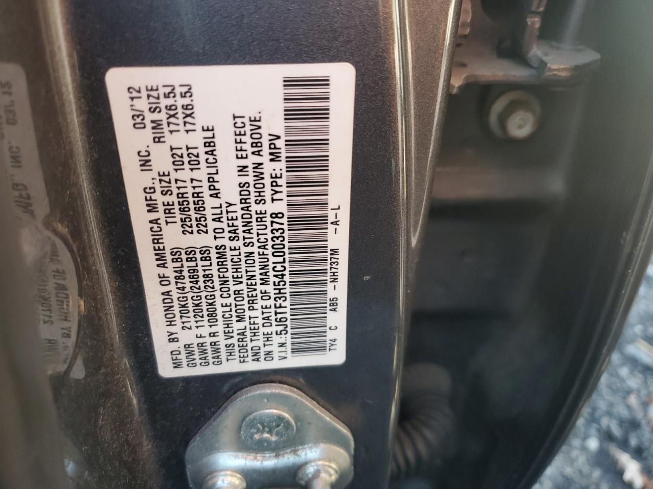 2012 Honda Crosstour Exl VIN: 5J6TF3H54CL003378 Lot: 91894175