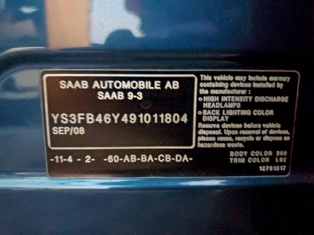 2009 Saab 9-3 2.0T VIN: YS3FB46Y491011804 Lot: 94803405