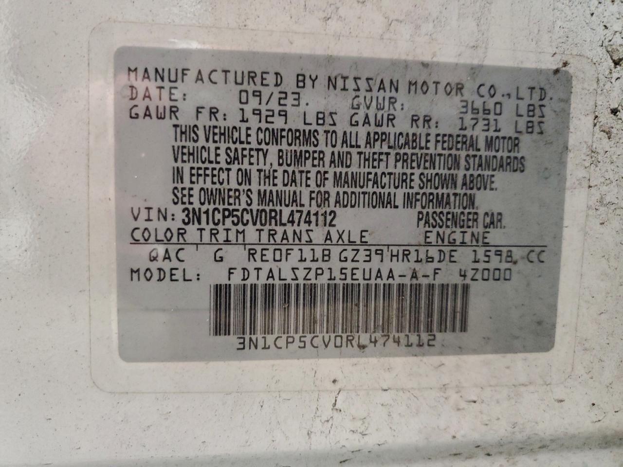 2024 Nissan Kicks Sv VIN: 3N1CP5CV0RL474112 Lot: 94074075