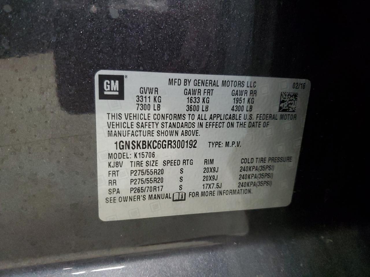 2016 Chevrolet Tahoe K1500 Lt VIN: 1GNSKBKC6GR300192 Lot: 91616445