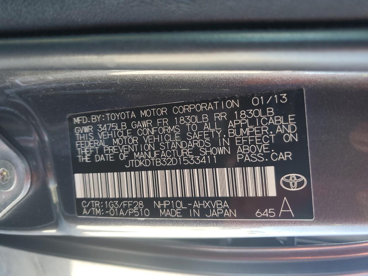2013 Toyota Prius C VIN: JTDKDTB32D1533411 Lot: 92201735