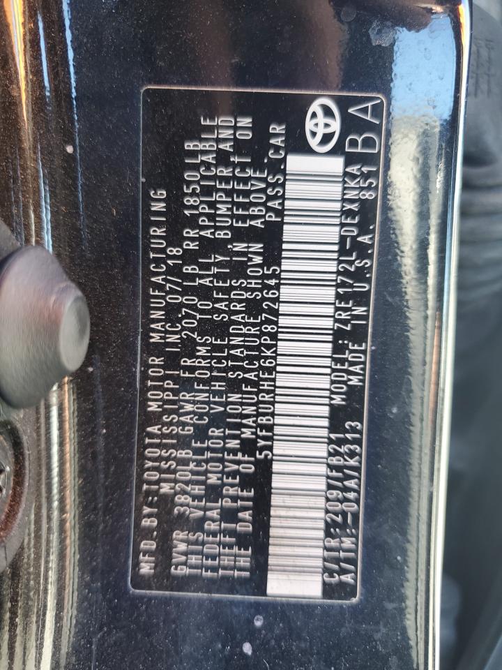 2019 Toyota Corolla L VIN: 5YFBURHE6KP872645 Lot: 93034345