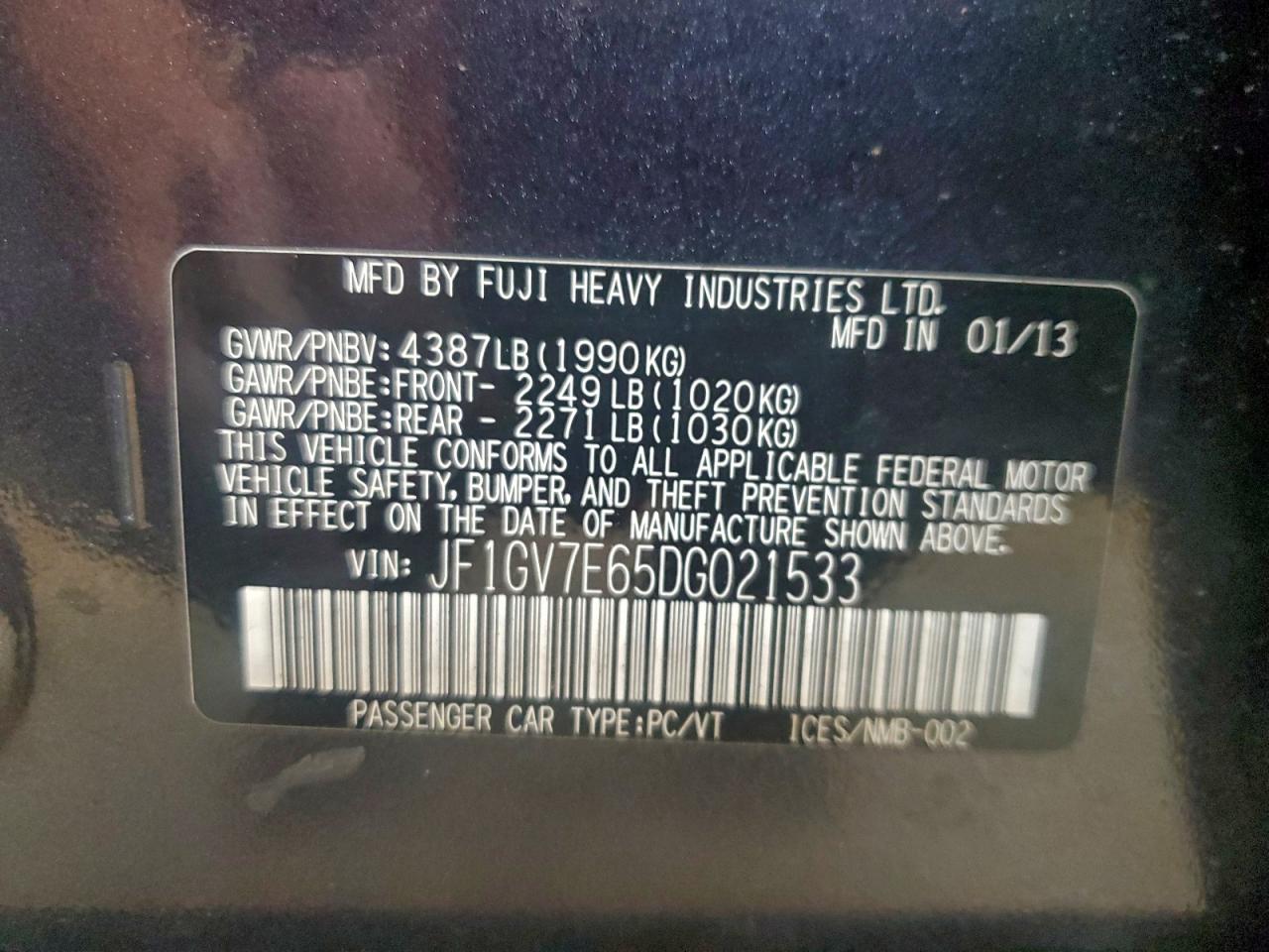 2013 Subaru Impreza Wrx VIN: JF1GV7E65DG021533 Lot: 92657965