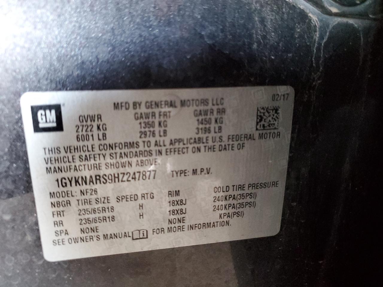 2017 Cadillac Xt5 VIN: 1GYKNARS9HZ247877 Lot: 93344335