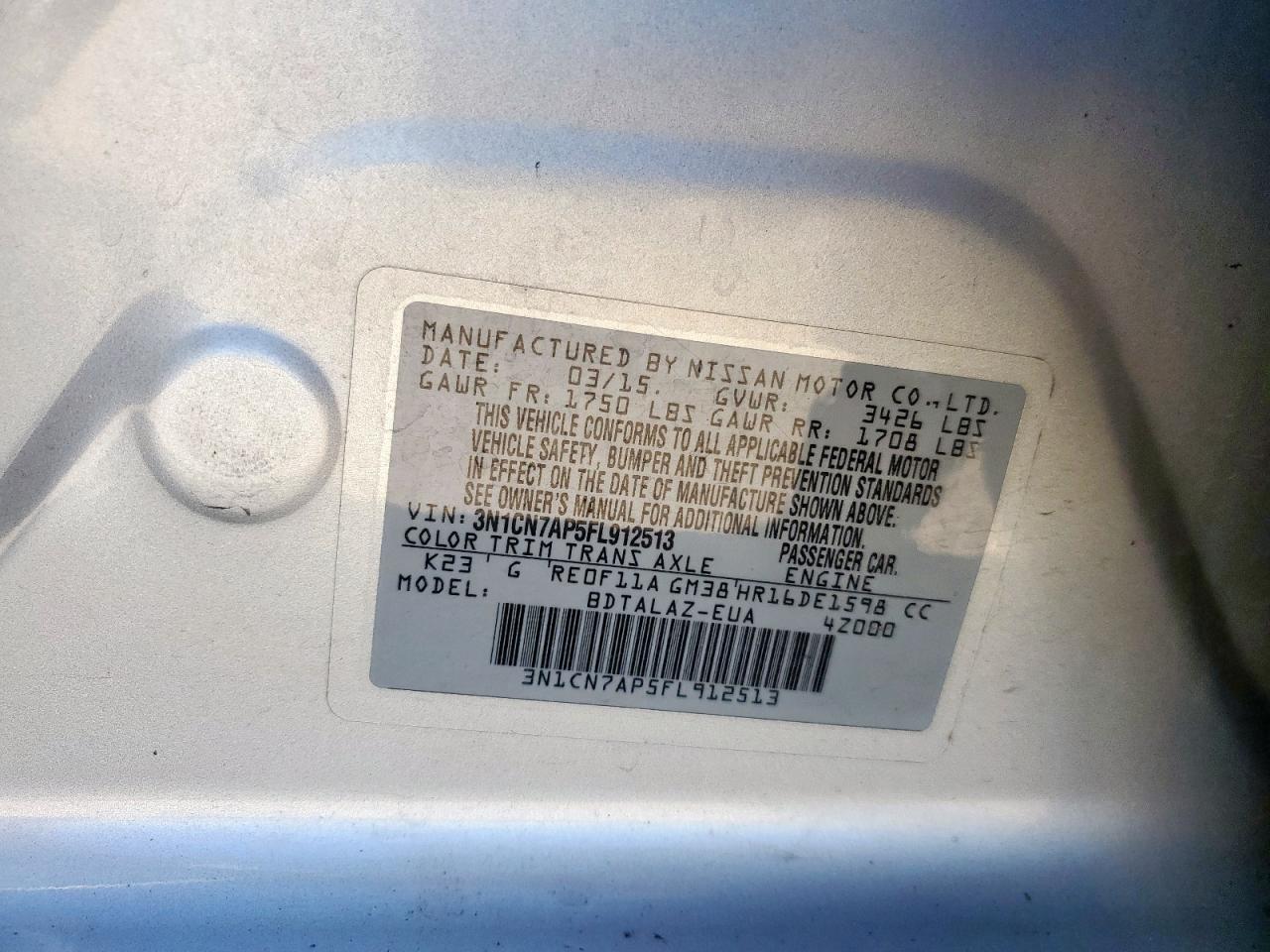 2015 Nissan Versa S VIN: 3N1CN7AP5FL912513 Lot: 91668875