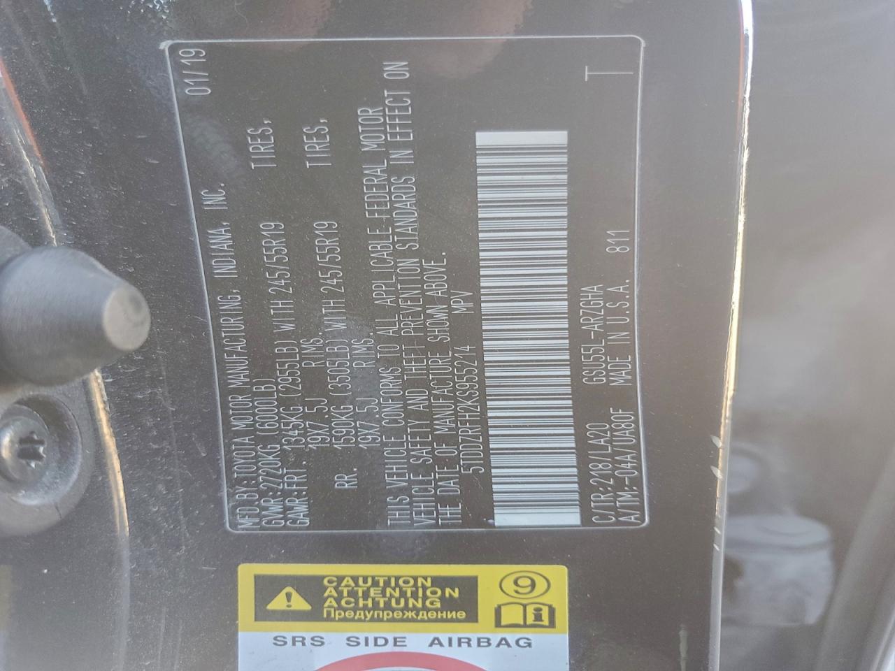 2019 Toyota Highlander Limited VIN: 5TDDZRFH2KS955214 Lot: 94410315