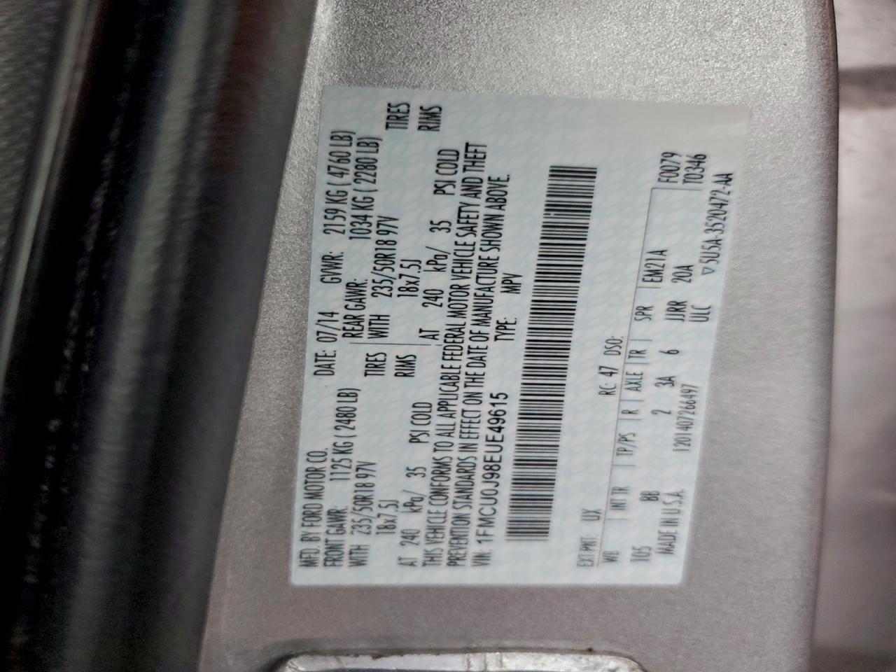 2014 Ford Escape Titanium VIN: 1FMCU0J98EUE49615 Lot: 93726615