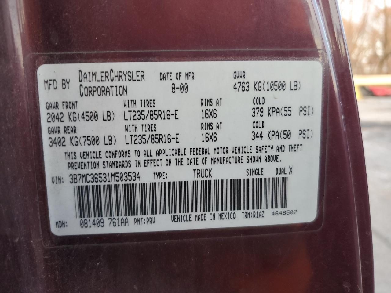 2001 Dodge Ram 3500 VIN: 3B7MC36531M503534 Lot: 92615015