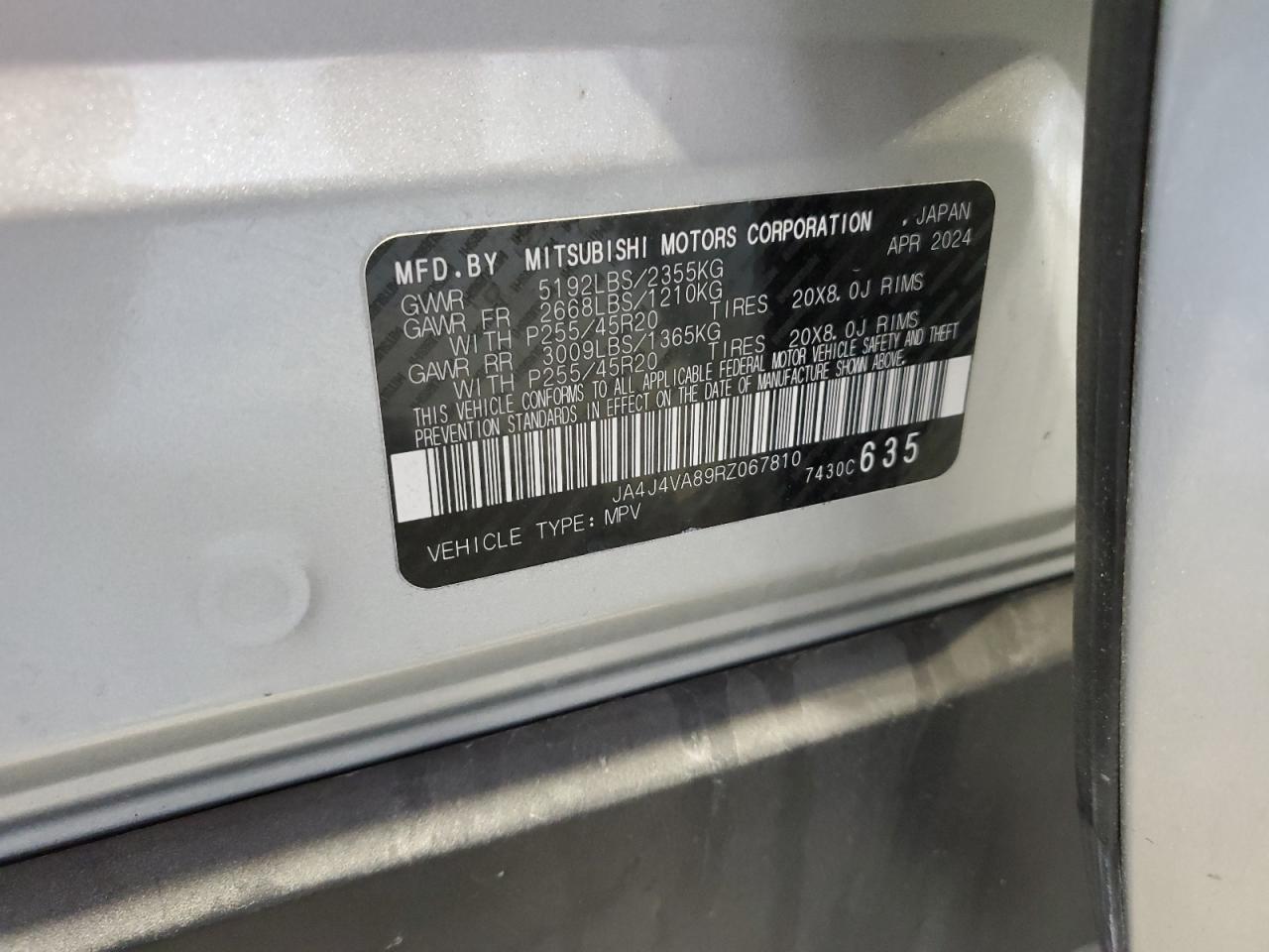 2024 Mitsubishi Outlander Se VIN: JA4J4VA89RZ067810 Lot: 92611135