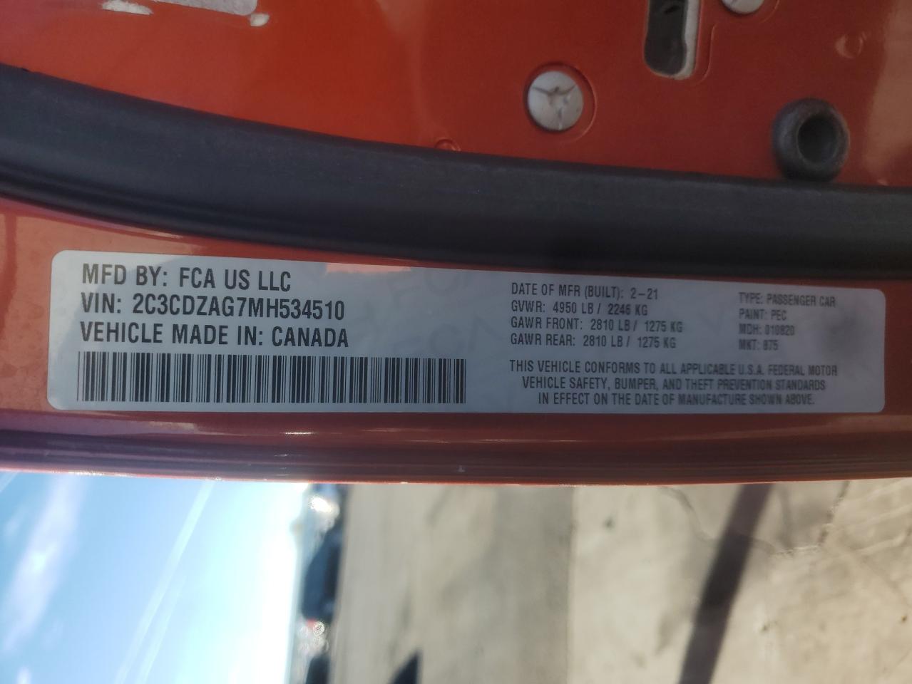 2021 Dodge Challenger Sxt VIN: 2C3CDZAG7MH534510 Lot: 91090205