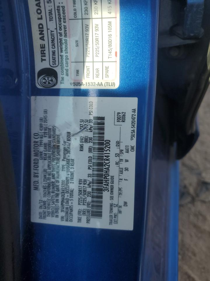 2012 Ford Fusion Se VIN: 3FAHP0HA2CR415200 Lot: 91686035