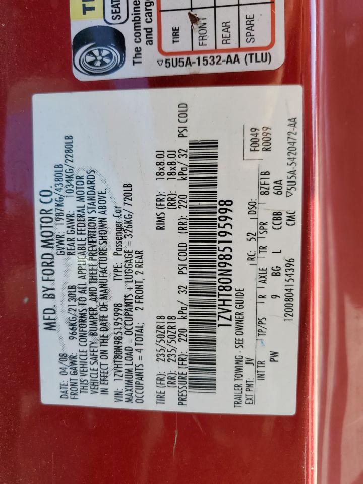 2008 Ford Mustang VIN: 1ZVHT80N985195998 Lot: 91351395