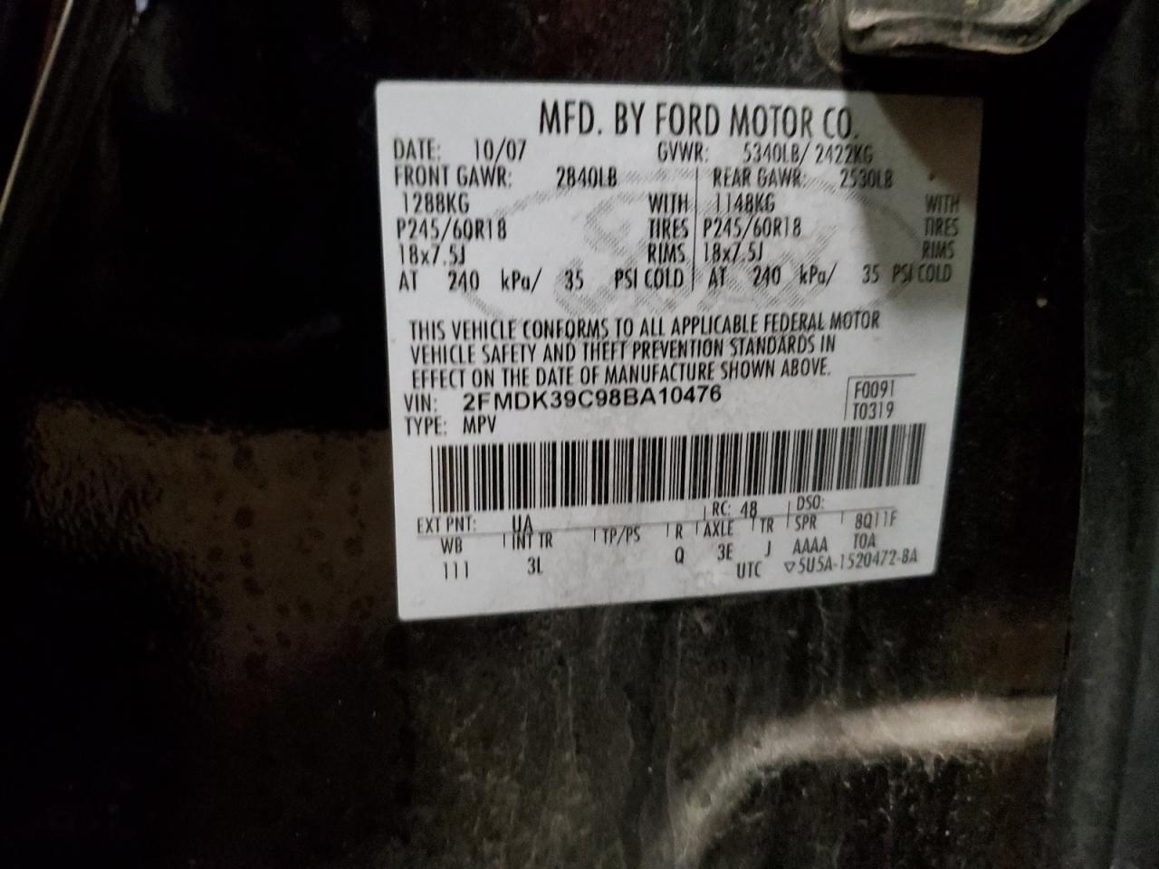 2008 Ford Edge Limited VIN: 2FMDK39C98BA10476 Lot: 92936865