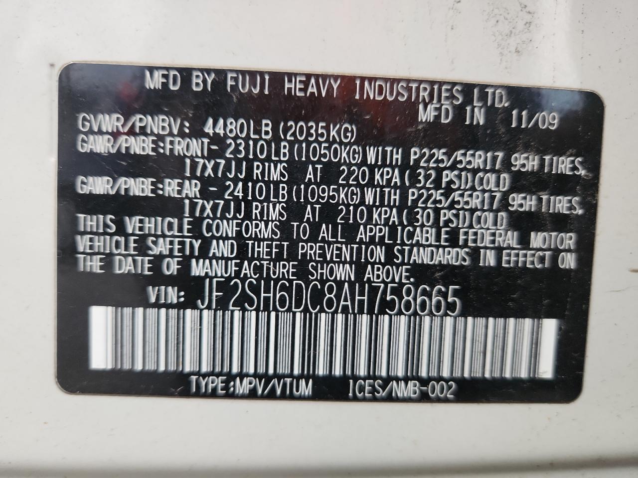 2010 Subaru Forester 2.5X Limited VIN: JF2SH6DC8AH758665 Lot: 91639085