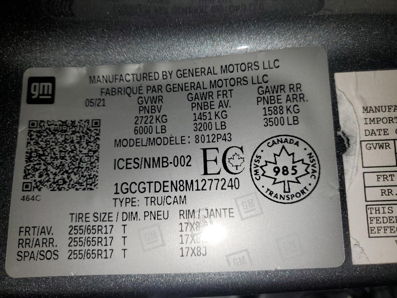 2021 Chevrolet Colorado Z71 VIN: 1GCGTDEN8M1277240 Lot: 92746475