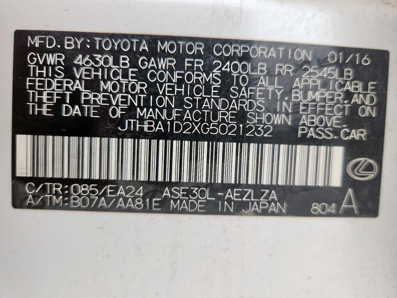 2016 Lexus Is 200T VIN: JTHBA1D2XG5021232 Lot: 93542515