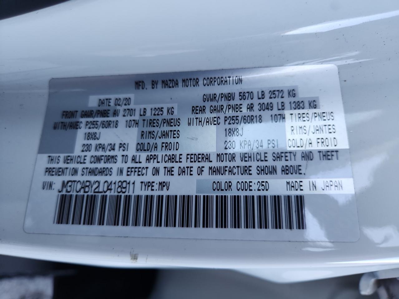 2020 Mazda Cx-9 Sport VIN: JM3TCABY2L0418911 Lot: 93382555