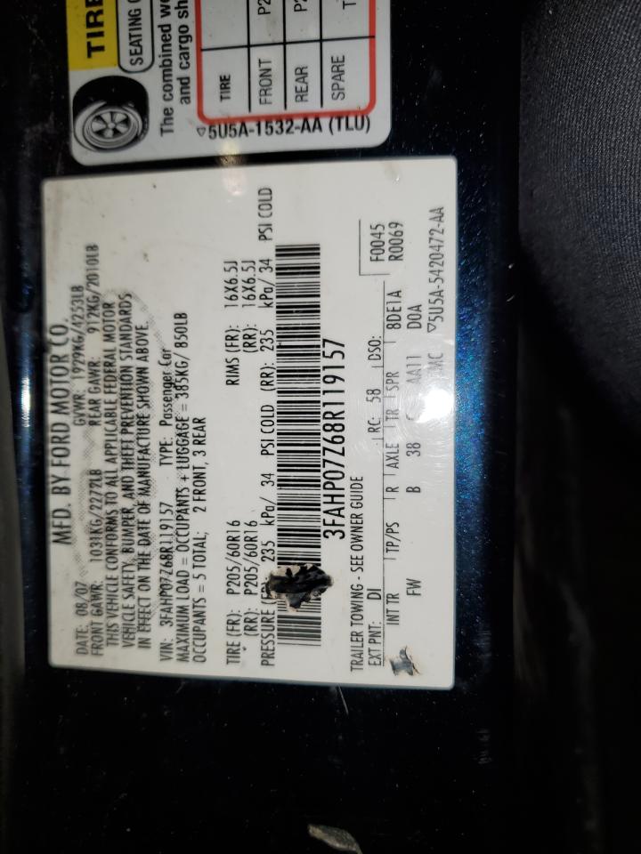 2008 Ford Fusion Se VIN: 3FAHP07Z68R119157 Lot: 92210995