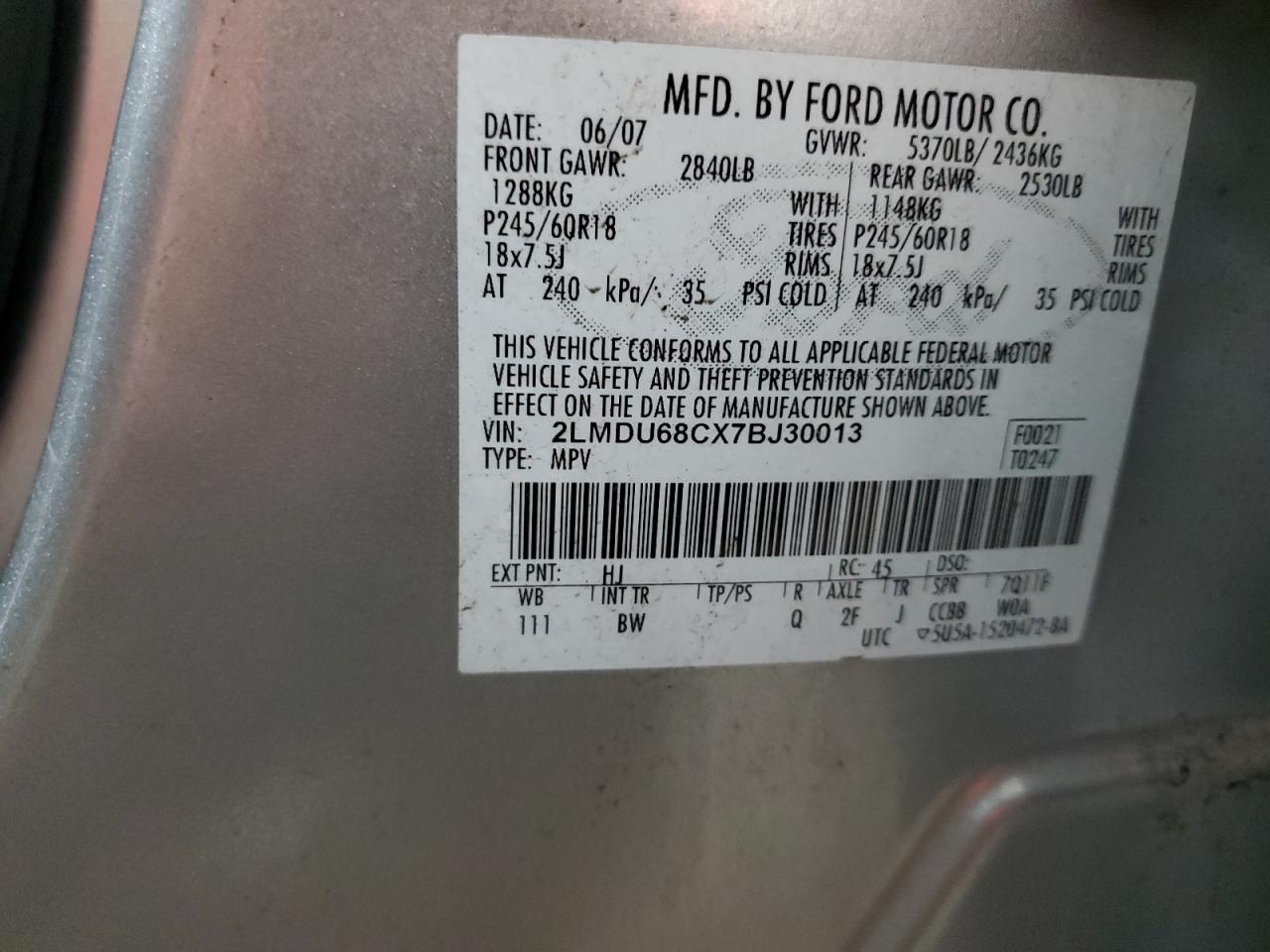 2007 Lincoln Mkx VIN: 2LMDU68CX7BJ30013 Lot: 92242675