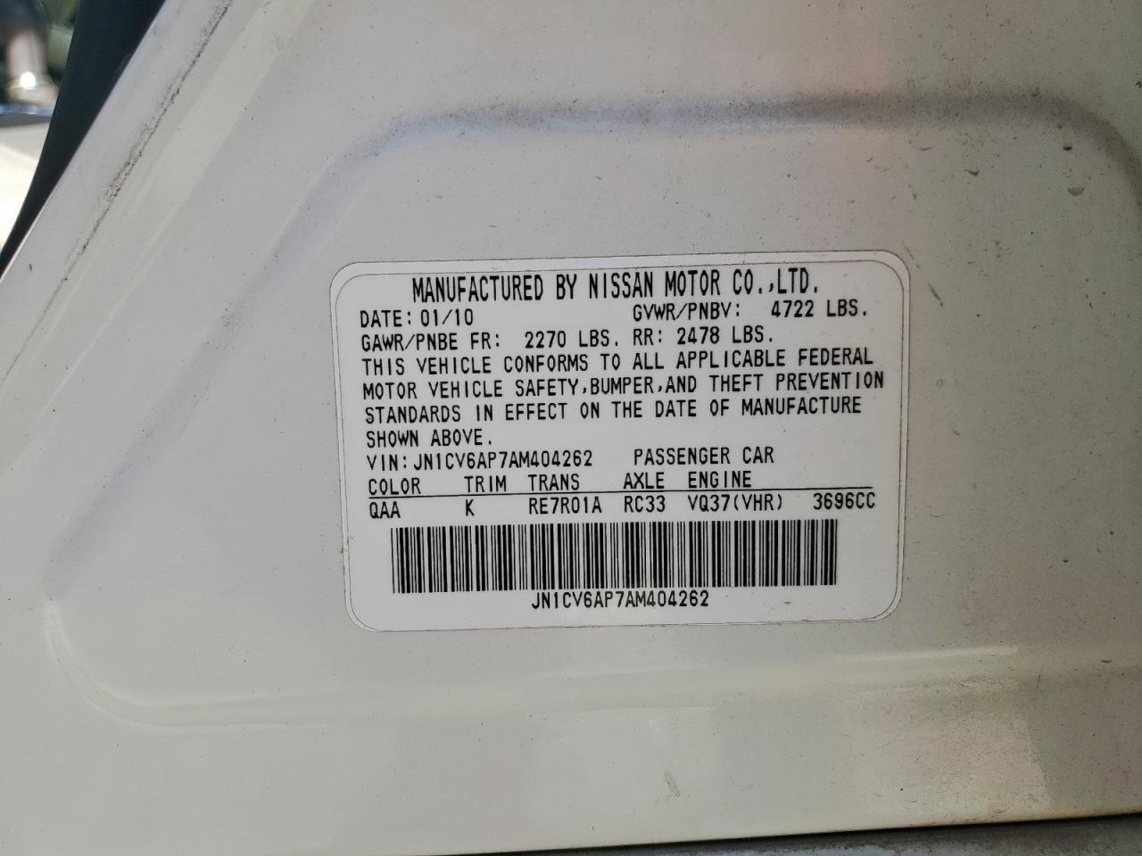 2010 Infiniti G37 Base VIN: JN1CV6AP7AM404262 Lot: 91926225