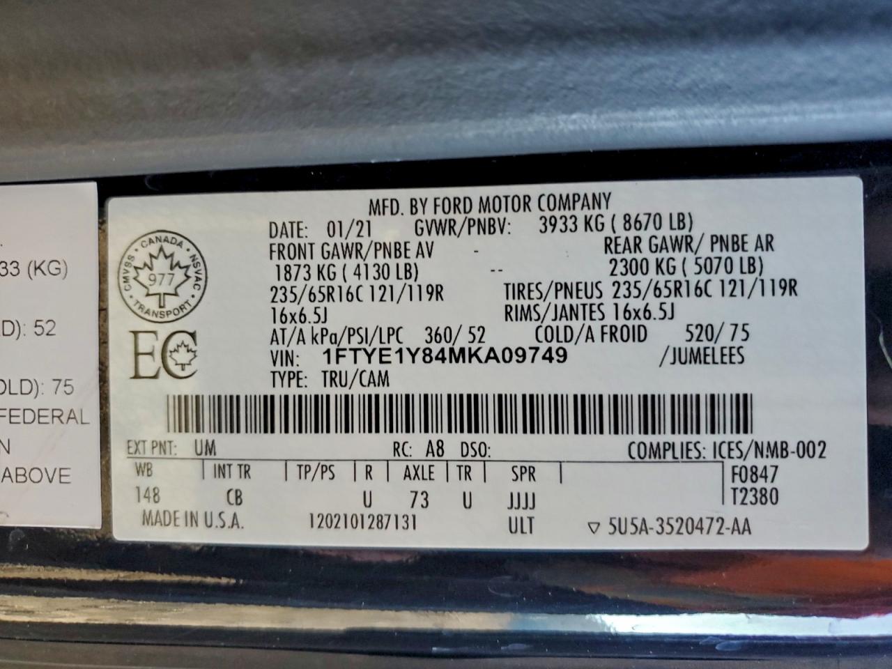 2021 Ford Transit T-150 VIN: 1FTYE1Y84MKA09749 Lot: 94293095