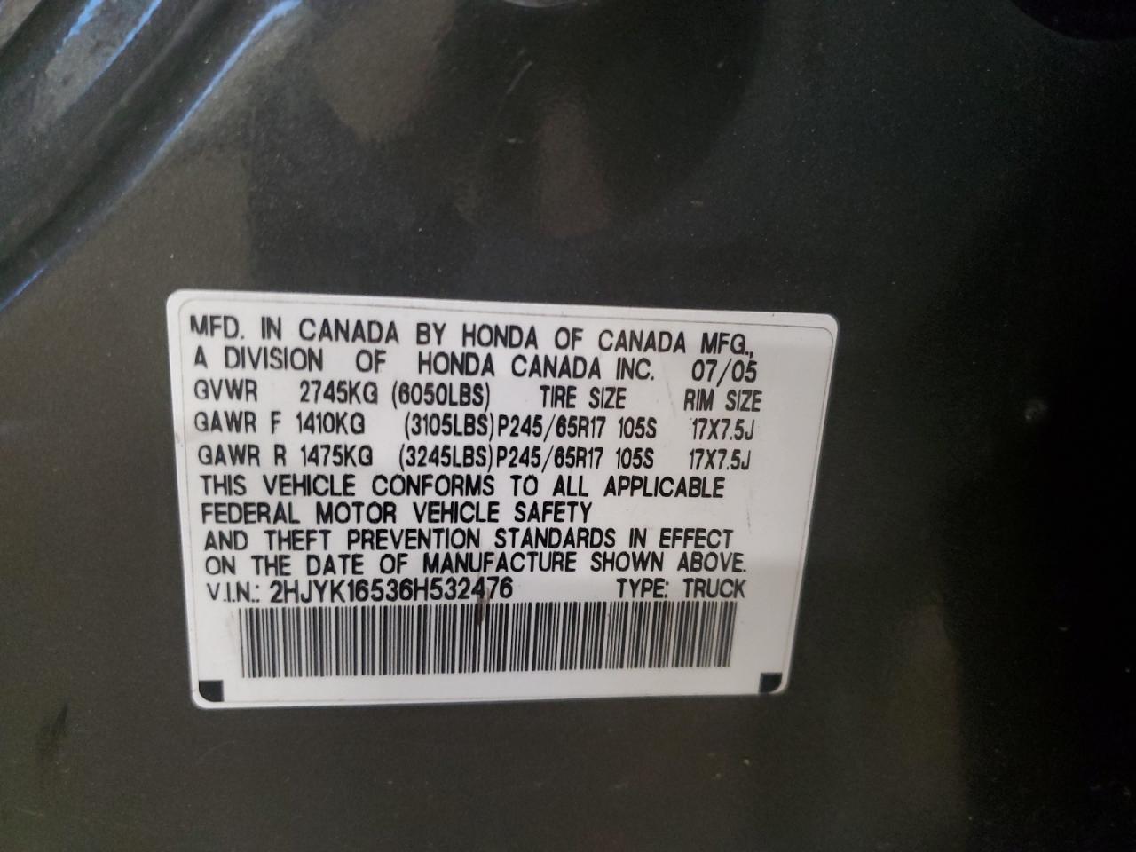 2006 Honda Ridgeline Rtl VIN: 2HJYK16536H532476 Lot: 93177915